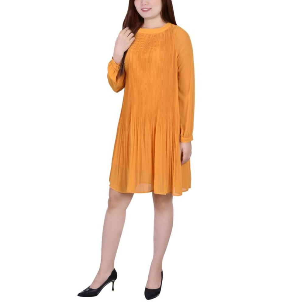 NY Collection Petite Long Sleeve Pleated Dress